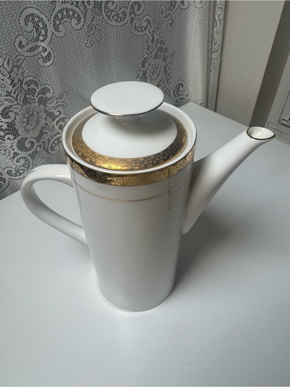 Vintage Sango White and Gold Porcelain Coffee/Tea Pot with Decorative Band